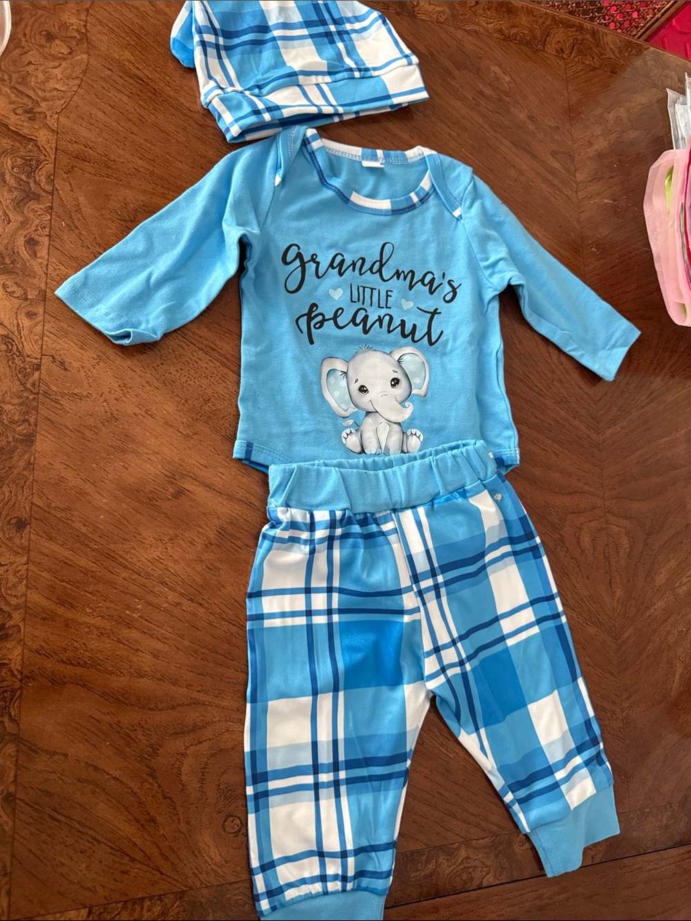 SHEIN Blue Plaid 3-Piece Kids Pajama Set with Elephant Graphic